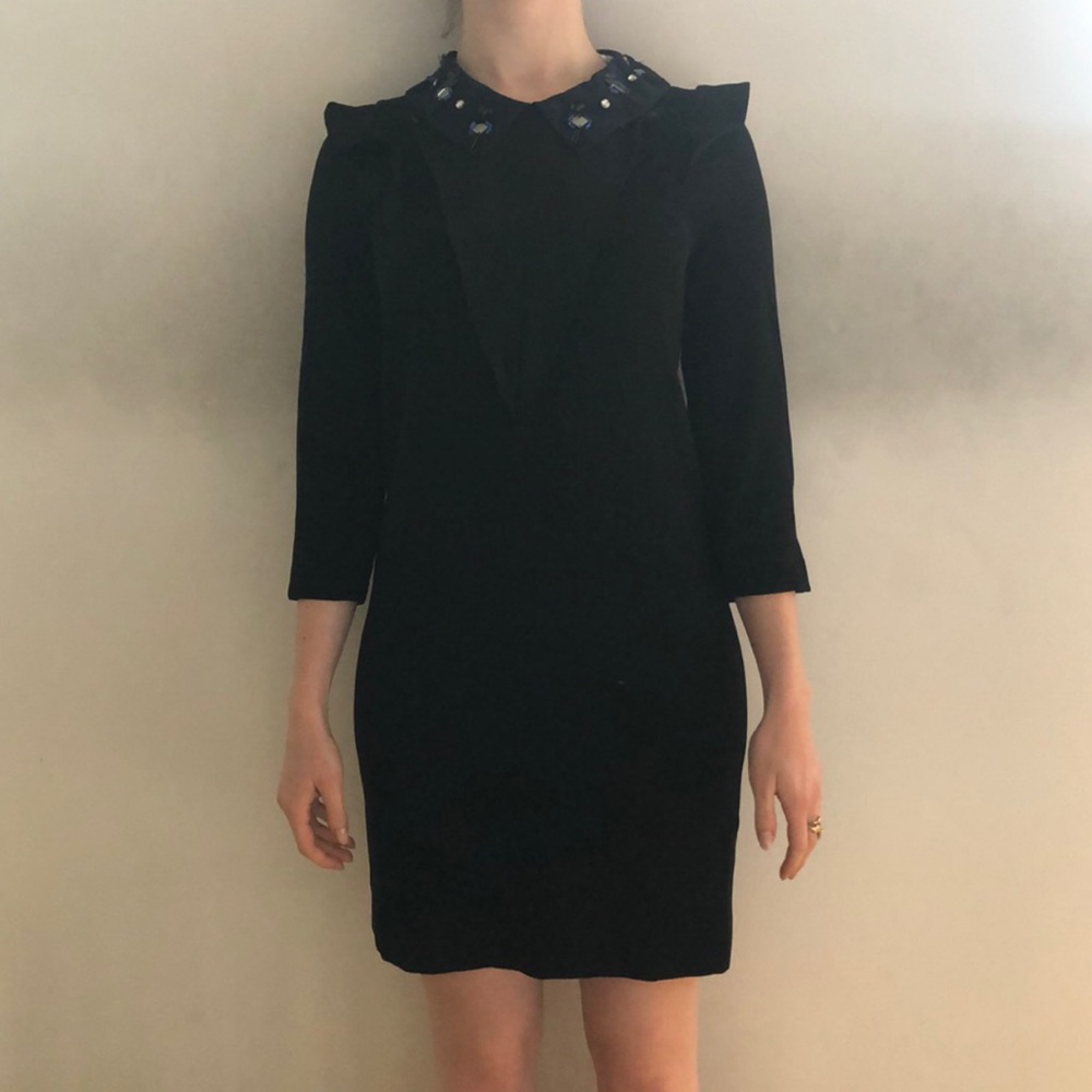 Silk Black Sandro Dress with Jeweled Collar